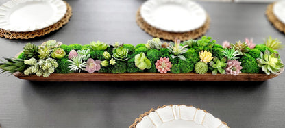 Farmhouse Table Centerpiece – Artificial Succulent in Wooden Dough Bowl