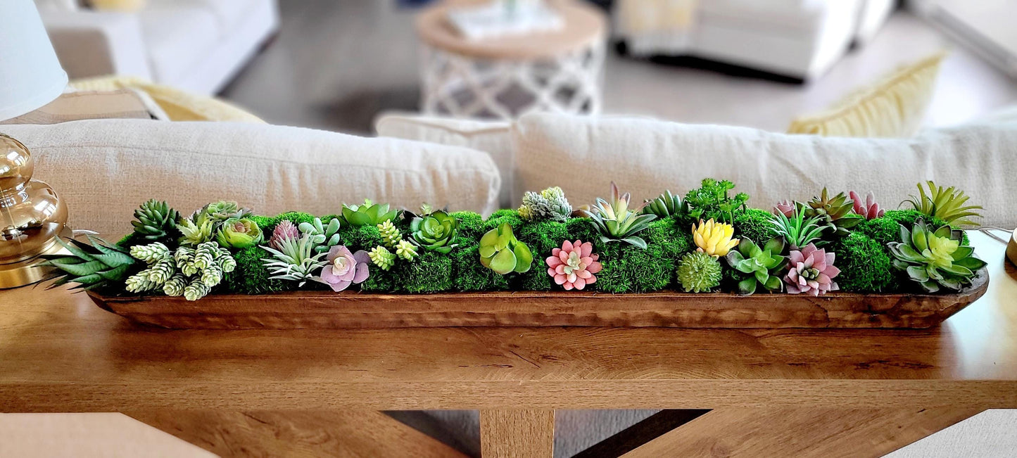 Farmhouse Table Centerpiece – Artificial Succulent in Wooden Dough Bowl