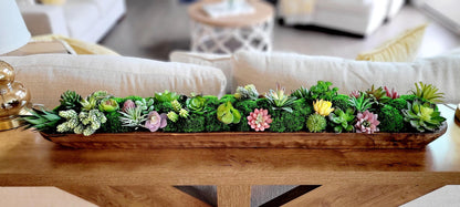 Farmhouse Table Centerpiece – Artificial Succulent in Wooden Dough Bowl