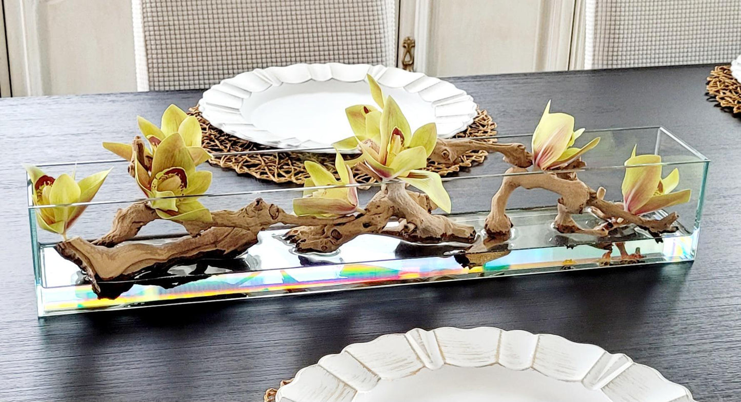 Yellow Green Orchid Centerpiece Artificial Silk Flower Arrangement Glass Vase Display Natural Driftwood Stone Elements Rectangular Container Modern Dining Table Coffee Table Console Styling Contemporary Living Room Accent Coastal Zen