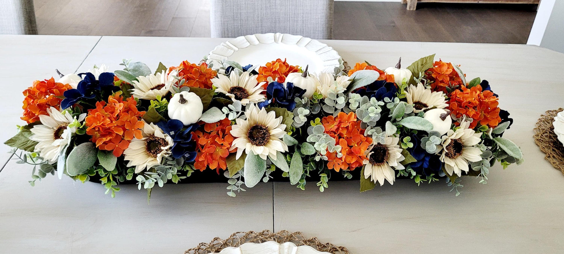 Autumn Display Fall Centerpiece Handcrafted Farmhouse Style Dough Bowl Arrangement Sunflower Pumpkin Lambs Ear Floral Collection Thanksgiving Dining Table Setting Rustic Harvest Season Glass Candle Holder Kitchen Island Ready To Ship Home