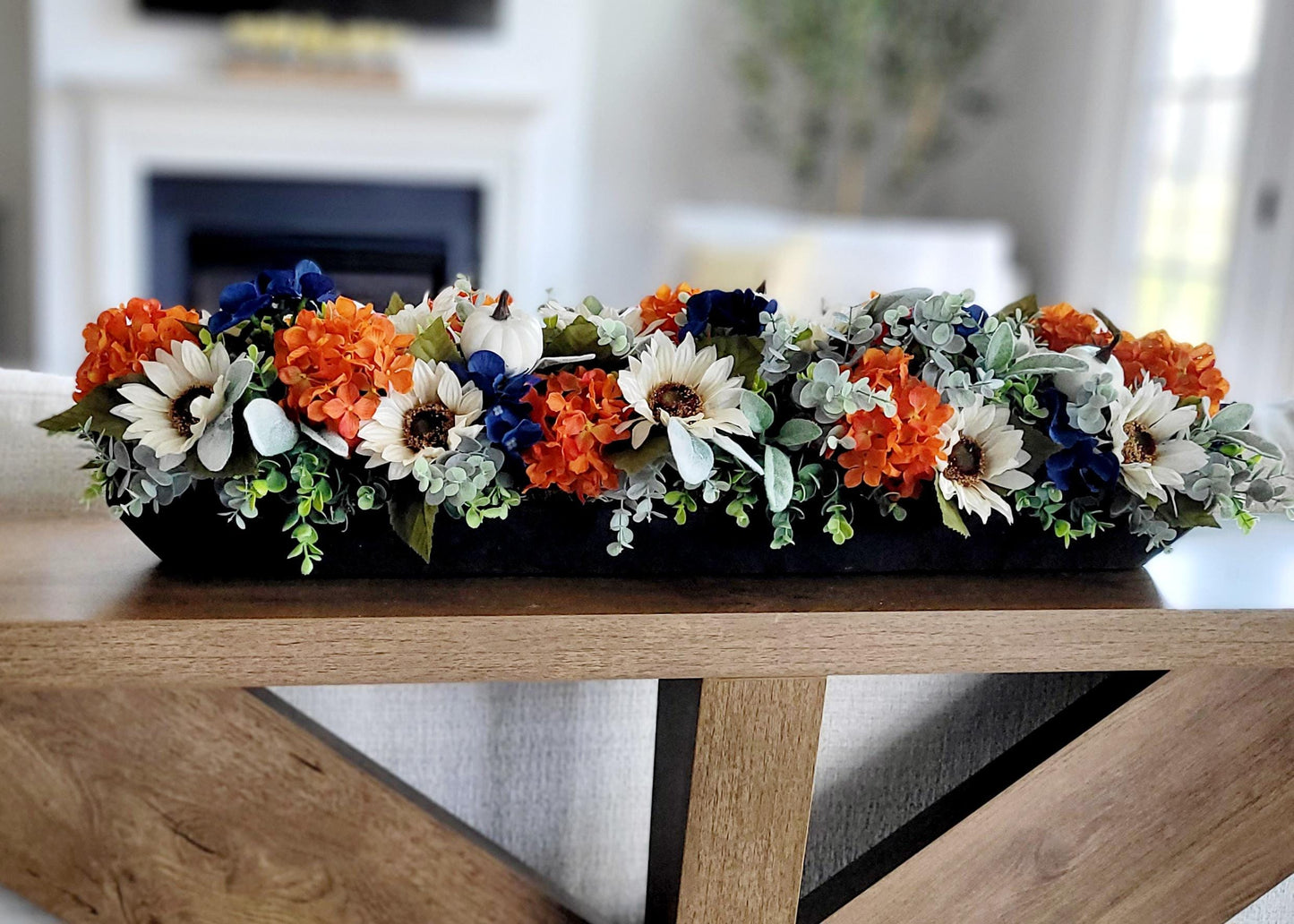 Thanksgiving Centerpiece Fall Table Display Sunflower Autumn Arrangement Dining Room Farmhouse Rustic Harvest Artificial Flowers Mixed Autumn Colors Orange Navy Cream White Florals Dough Bowl Container Ready Made Fall Centerpiece Console
