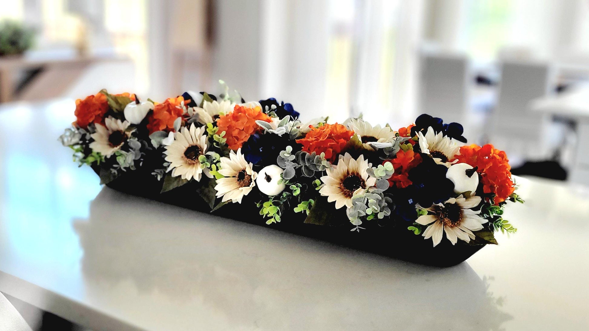 Sunflower Arrangement Fall Centerpiece Autumn Harvest Table Display Thanksgiving Dining Room Rustic Farmhouse Styling Artificial Autumn Florals Orange Cream Navy Colors Mixed Flowers Dough Bowl Thanksgiving Centerpiece Ready Made Seasonal
