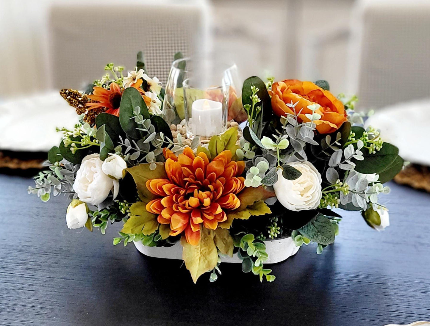 Autumn Harvest Centerpiece Fall Table Arrangement Sunflower Dough Bowl Display Farmhouse Kitchen Dining Room Styling Silk Flowers Eucalyptus Greenery Glass Candle Holder Battery Votive Rustic Home Seasonal Accent Perfect Thanksgiving Gift