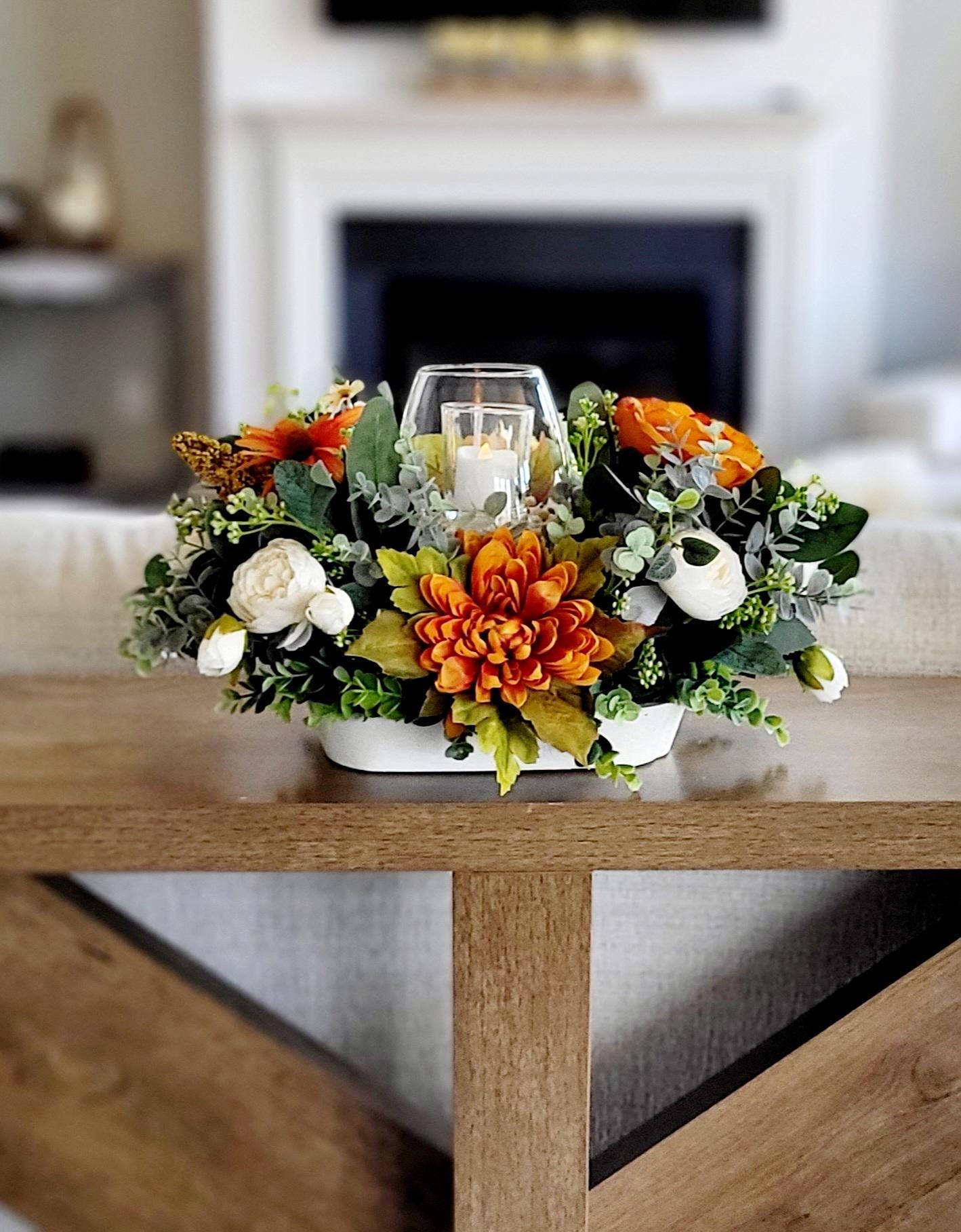 Rustic Home Seasonal Styling Fall Centerpiece Arrangement Sunflower Dough Bowl Display Farmhouse Table Kitchen Dining Room Autumn Harvest Celebration Silk Flowers Eucalyptus Greenery Glass Candle Holder Battery Operated Votive Perfect