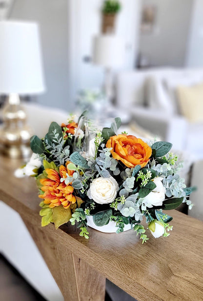 Fall Table Centerpiece – Sunflower Dough Bowl Farmhouse Arrangement