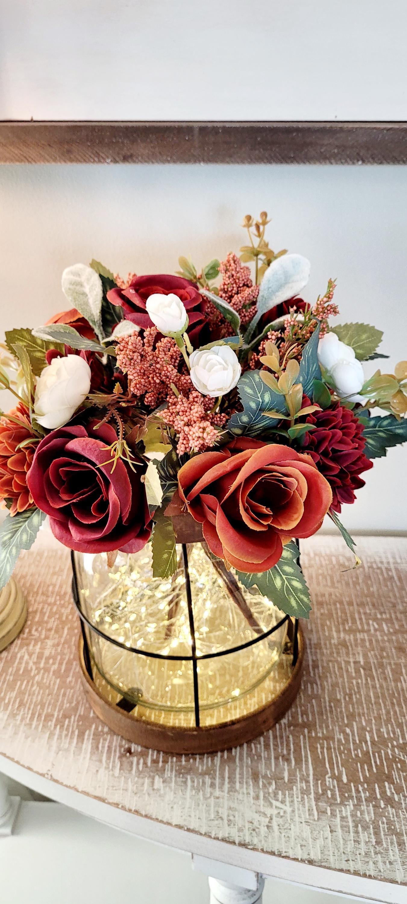 Lighted Flower Arrangement Fall Lantern Style Centerpiece Burgundy Rust Rose Collection Artificial Silk Blooms Glass Container With LED Lights Rustic Farmhouse Wedding Table Display Vintage Wooden Base Design Autumn Home Styling Seasonal