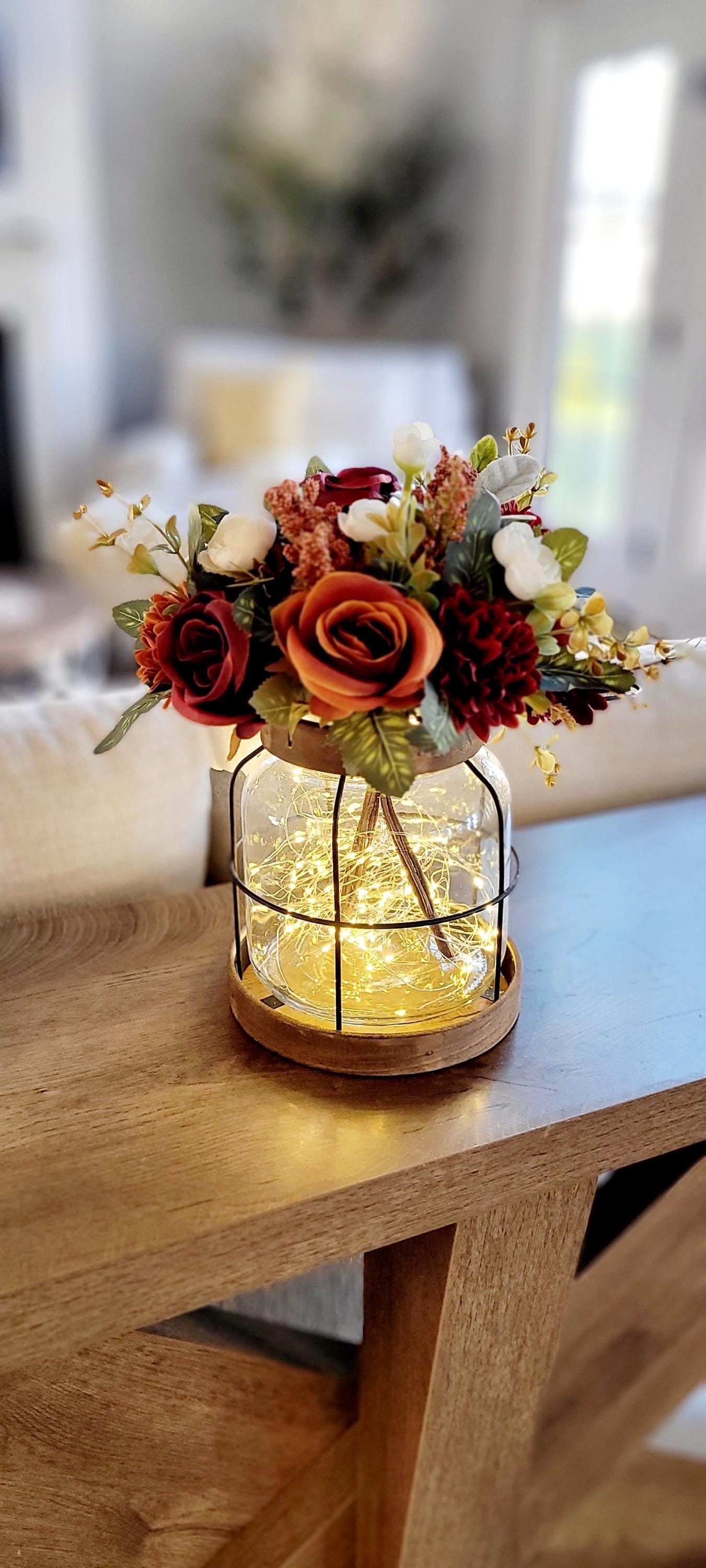 Fall Lantern Centerpiece – Lighted Rustic Wedding Silk Flower Display