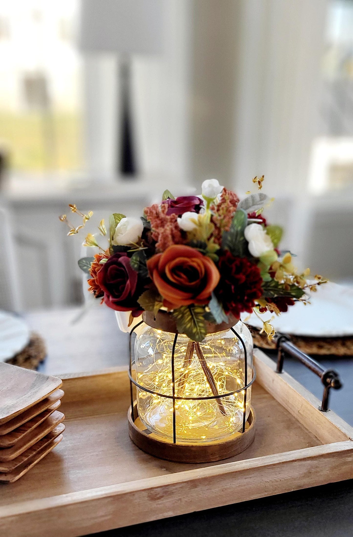 Fall Lantern Centerpiece – Lighted Rustic Wedding Silk Flower Display