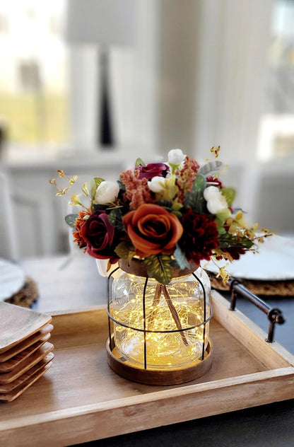 Fall Lantern Centerpiece – Lighted Rustic Wedding Silk Flower Display