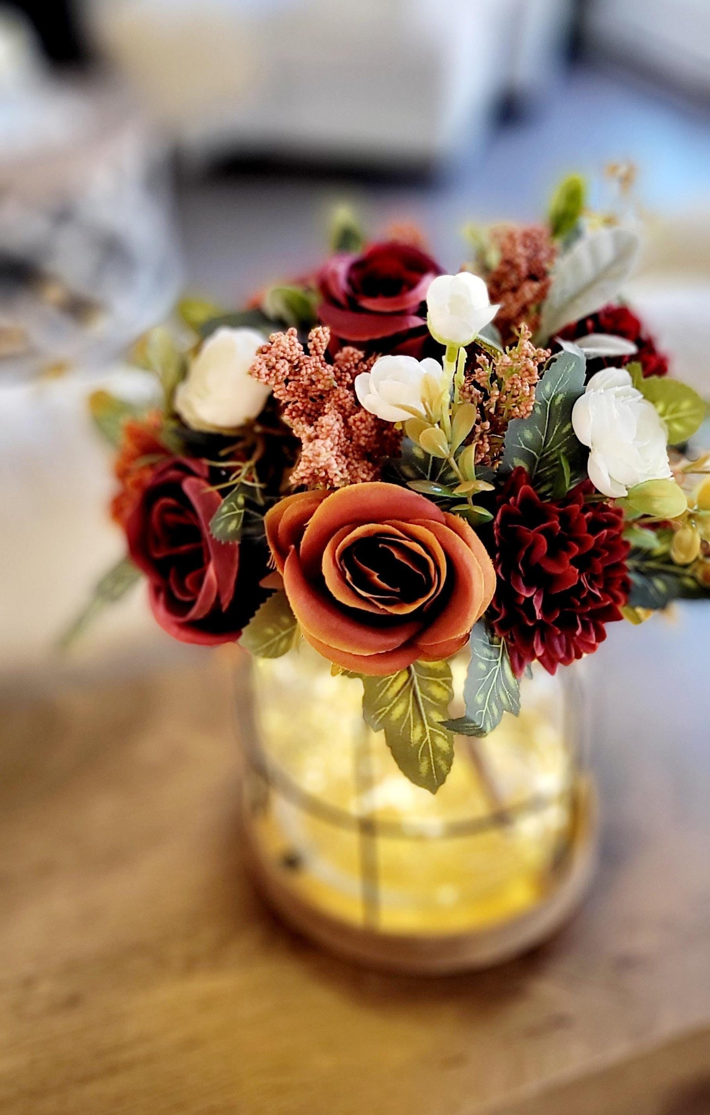 Fall Lantern Centerpiece – Lighted Rustic Wedding Silk Flower Display