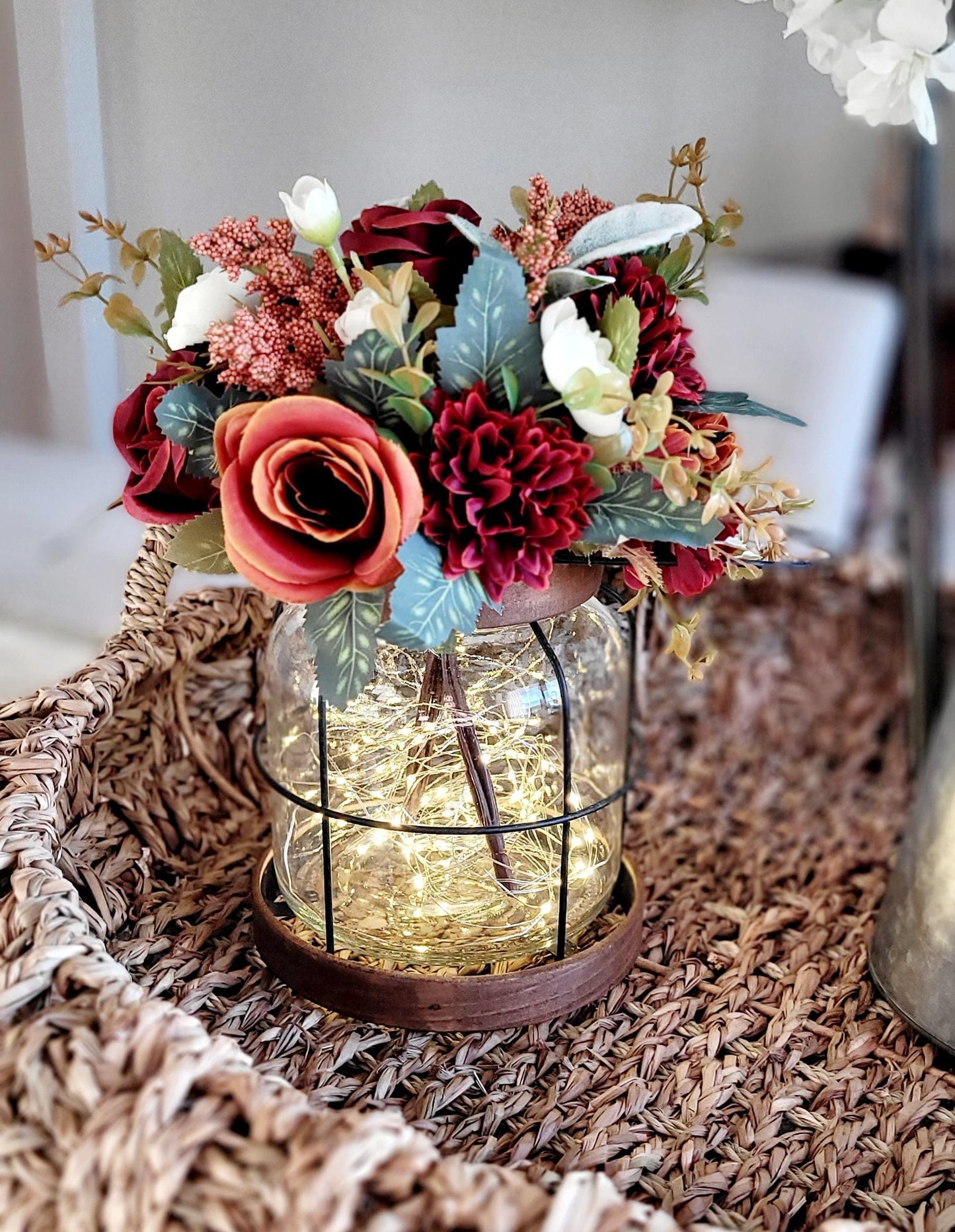 Fall Lantern Centerpiece – Lighted Rustic Wedding Silk Flower Display
