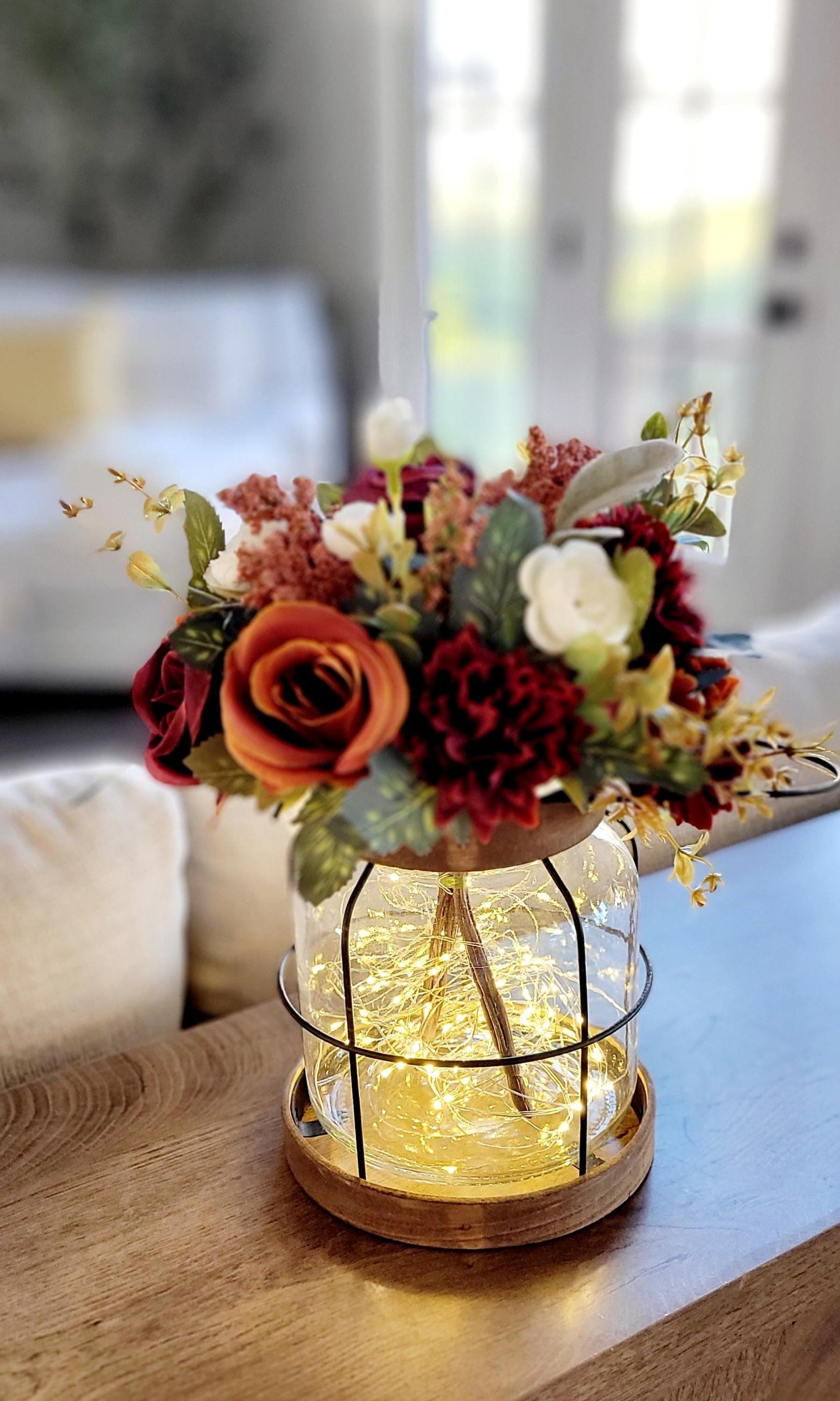 Fall Lantern Centerpiece – Lighted Rustic Wedding Silk Flower Display