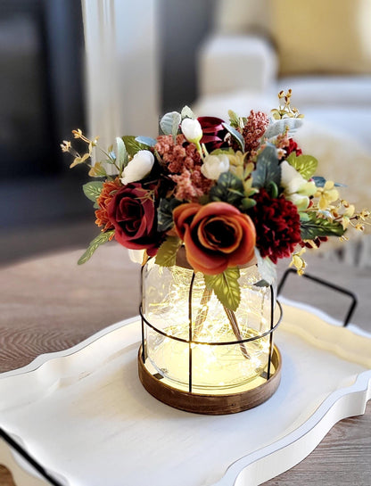 Fall Lantern Centerpiece – Lighted Rustic Wedding Silk Flower Display