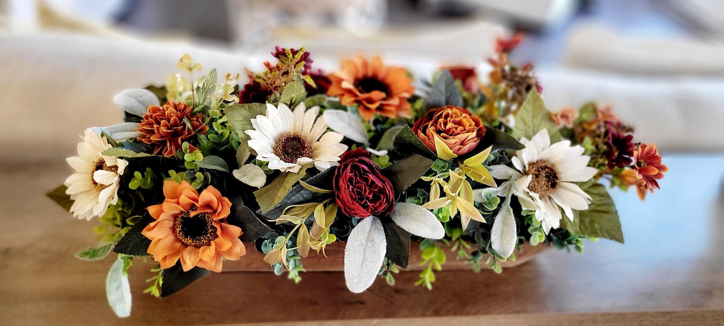 Fall Table Centerpiece – Handcrafted Dough Bowl Sunflower Arrangement