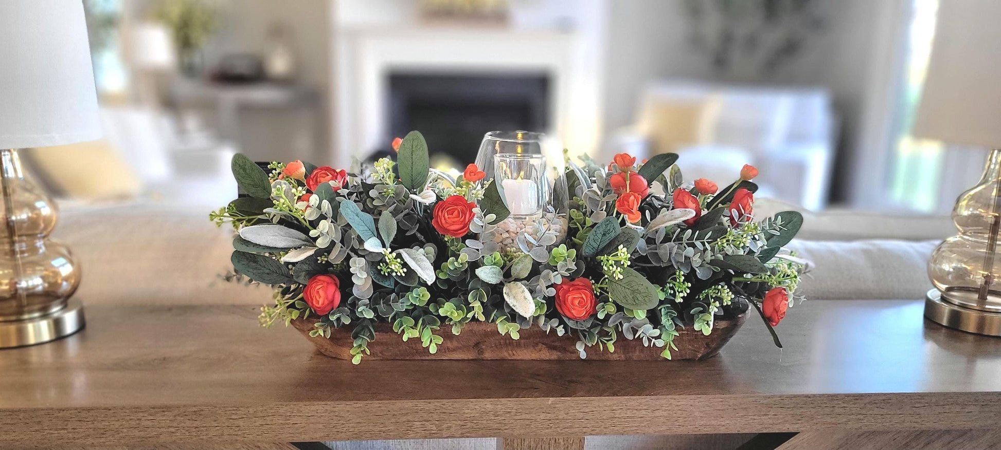 Glass Hurricane Candle Holder Centerpiece Wooden Dough Bowl Arrangement Artificial Flower Collection Burnt Orange Blooms Eucalyptus Greenery Lamb's Ear Faux Succulents Year Round Farmhouse Table Styling Rustic Dining Room Kitchen Counter