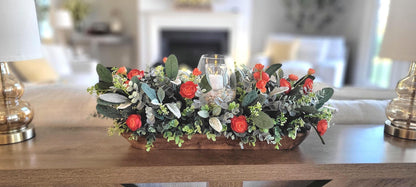 Glass Hurricane Candle Holder Centerpiece Wooden Dough Bowl Arrangement Artificial Flower Collection Burnt Orange Blooms Eucalyptus Greenery Lamb's Ear Faux Succulents Year Round Farmhouse Table Styling Rustic Dining Room Kitchen Counter