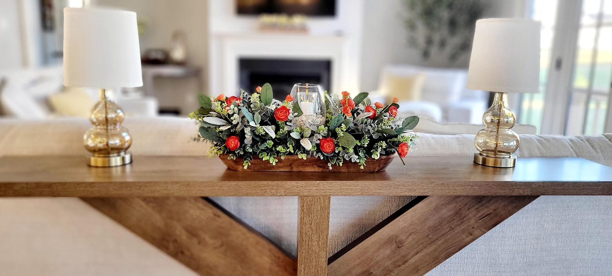 Handcrafted Wooden Dough Bowl Centerpiece Complete Arrangement Features Artificial Flower Collection Burnt Orange Blooms Lamb's Ear Eucalyptus Greenery Faux Succulents Glass Hurricane Candle Holder White Pillar Candle Farmhouse Rustic