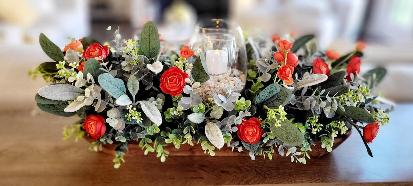 Fall Table Centerpiece – Artificial Ranunculus in Dough Bowl with Candle Holder Farmhouse