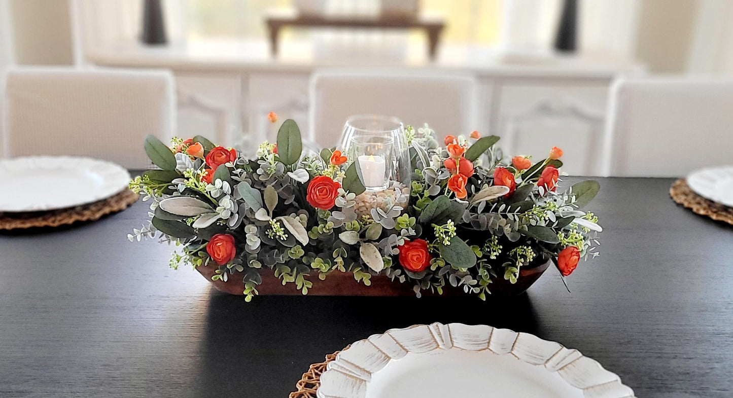 Fall Table Centerpiece – Artificial Ranunculus in Dough Bowl with Candle Holder Farmhouse