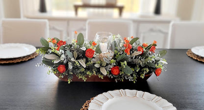 Fall Table Centerpiece – Artificial Ranunculus in Dough Bowl with Candle Holder Farmhouse