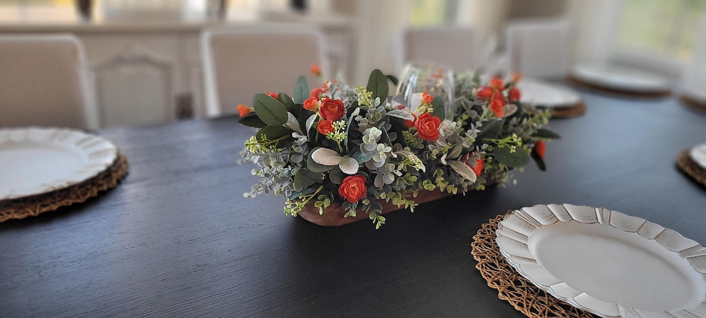 Fall Table Centerpiece – Artificial Ranunculus in Dough Bowl with Candle Holder Farmhouse