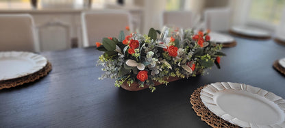 Fall Table Centerpiece – Artificial Ranunculus in Dough Bowl with Candle Holder Farmhouse