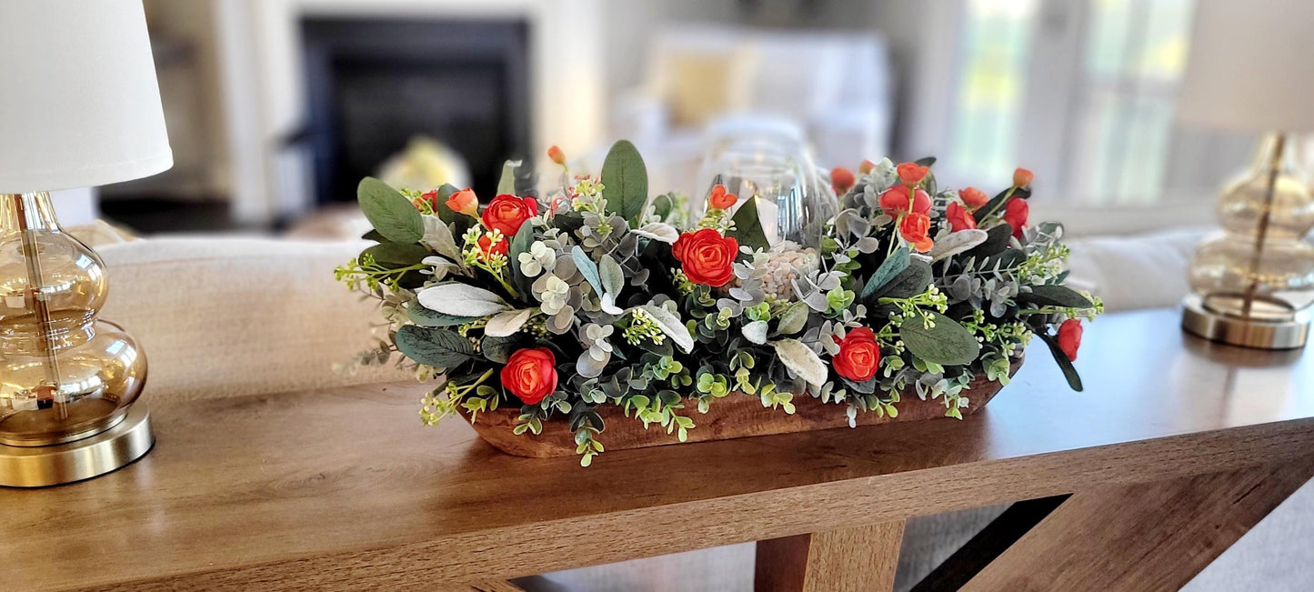 Fall Table Centerpiece – Artificial Ranunculus in Dough Bowl with Candle Holder Farmhouse