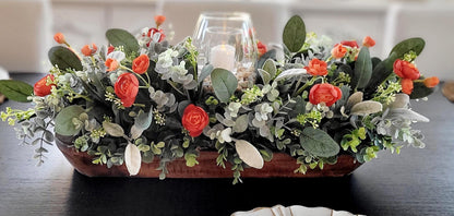 Fall Table Centerpiece – Artificial Ranunculus in Dough Bowl with Candle Holder Farmhouse