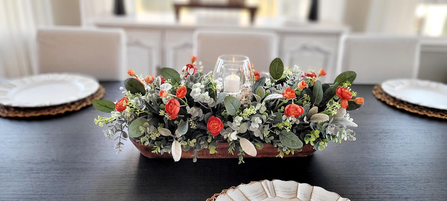 Fall Table Centerpiece – Artificial Ranunculus in Dough Bowl with Candle Holder Farmhouse