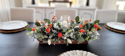 Fall Table Centerpiece – Artificial Ranunculus in Dough Bowl with Candle Holder Farmhouse