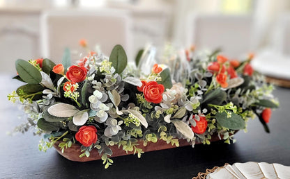 Fall Table Centerpiece – Artificial Ranunculus in Dough Bowl with Candle Holder Farmhouse