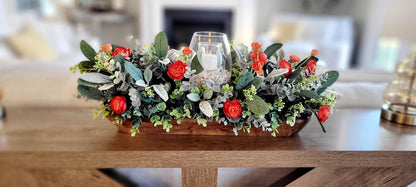 Fall Table Centerpiece – Artificial Ranunculus in Dough Bowl with Candle Holder Farmhouse