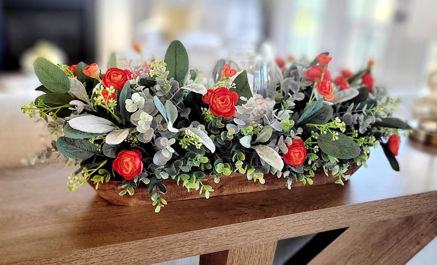 Fall Table Centerpiece – Artificial Ranunculus in Dough Bowl with Candle Holder Farmhouse