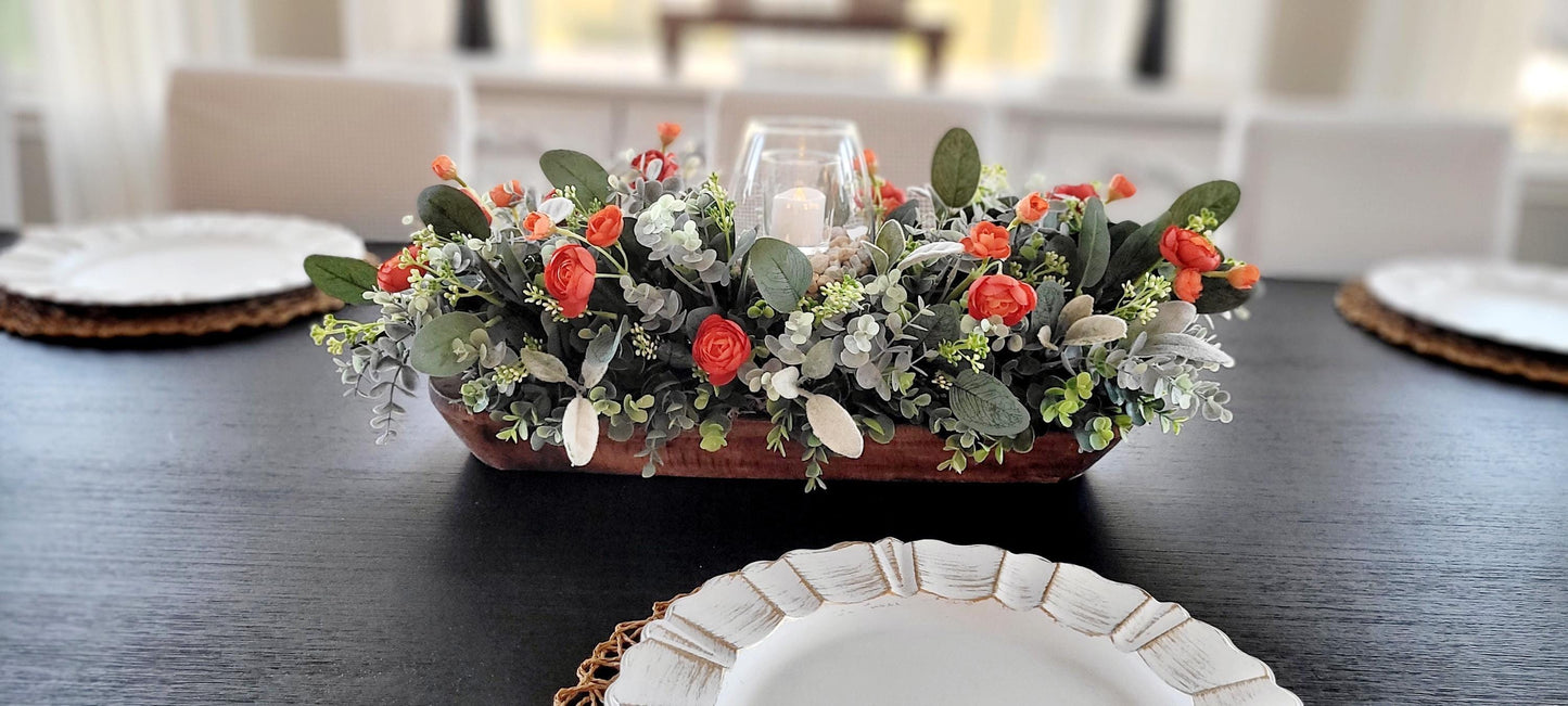 Fall Table Centerpiece – Artificial Ranunculus in Dough Bowl with Candle Holder Farmhouse