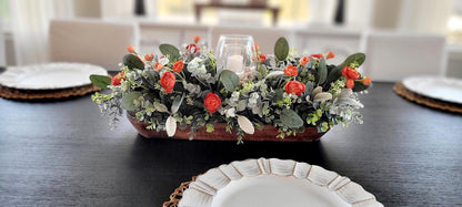 Fall Table Centerpiece – Artificial Ranunculus in Dough Bowl with Candle Holder Farmhouse