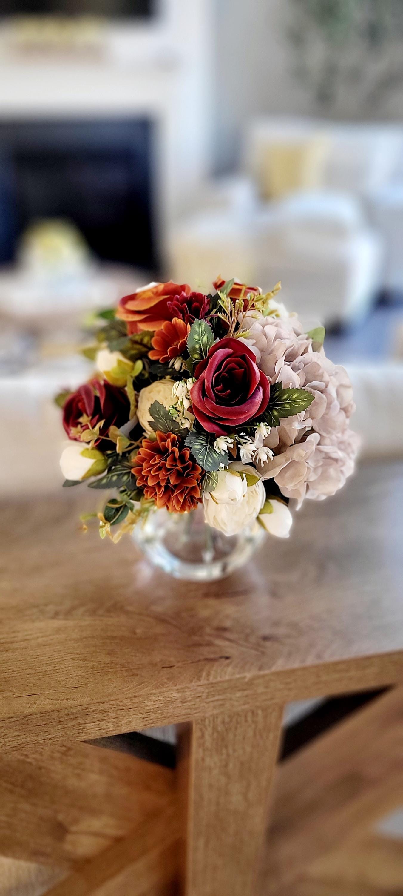 Artificial Flower Centerpiece Glass Vase Display Burgundy Cream Rose Arrangement Faux Hydrangea Eucalyptus Greenery Realistic Silk Flowers Farmhouse Table Styling Maintenance Free Home Accent Permanent Floral Display Wedding Centerpiece