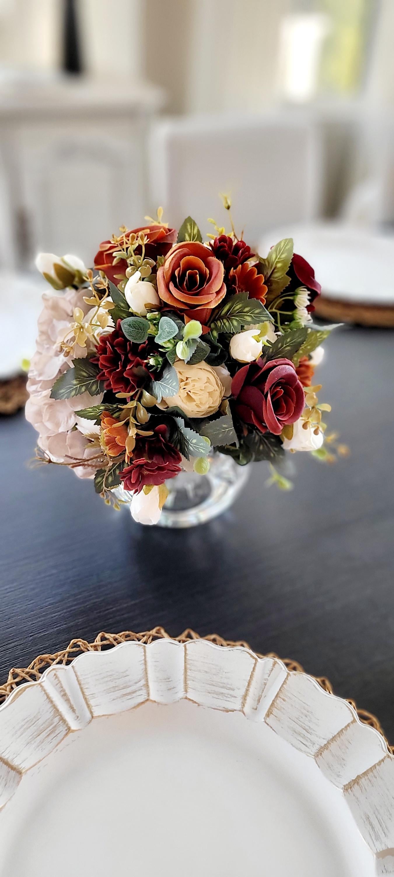 Glass Vase Flower Arrangement Burgundy Silk Roses Cream Blush Hydrangea Display Artificial Centerpiece Farmhouse Dining Table Styling Wedding Reception Gift Housewarming Anniversary Present Maintenance Free Permanent Floral Accent Realistic