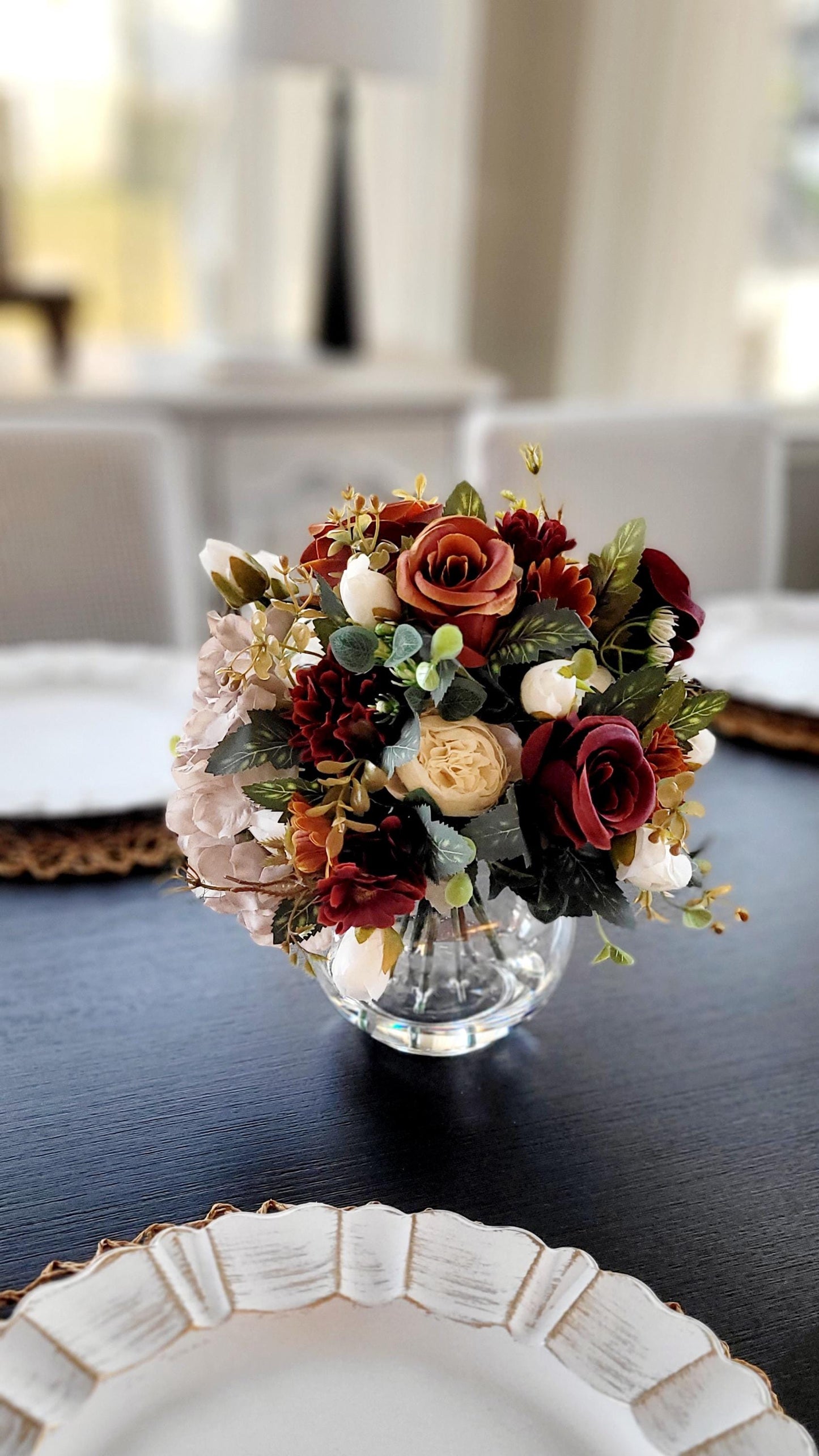 Burgundy Silk Rose Arrangement Glass Vase Centerpiece Farmhouse Dining Table Display Cream Dusty Rose Blush Hydrangea Eucalyptus Greenery Mix Realistic Artificial Flowers Maintenance Free Styling Modern Country Home Accent Wedding Reception
