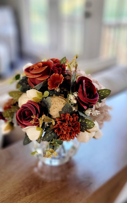 Permanent Floral Centerpiece Burgundy Artificial Roses Glass Vase Display Silk Hydrangea Cream Blush Flowers Eucalyptus Greenery Mix Farmhouse Table Styling Year Round Home Accent Maintenance Free Realistic Arrangement Wedding Centerpiece