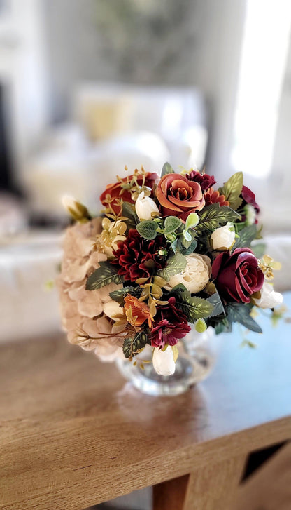 Artificial Flower Centerpiece – Burgundy Silk Roses in Glass Vase