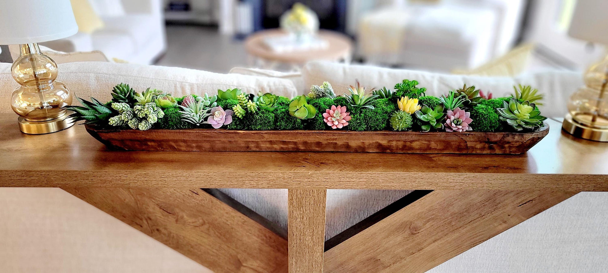 Farmhouse Table Centerpiece Gift For Men Artificial Succulent Wooden Bowl Display Client Appreciation Present Rustic Dough Bowl Arrangement Faux Plant Collection Modern Design No Maintenance Required Sophisticated Home Styling Office Space