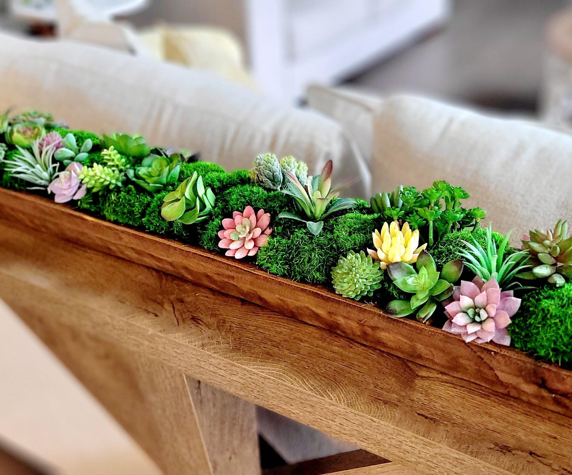 Rustic Wooden Bowl Arrangement Farmhouse Style Centerpiece Artificial Succulent Display Long Dough Bowl Design Faux Greenery Collection Modern Home Accent Dining Table Focal Point No Maintenance Beauty Year Round Appeal Handcrafted Quality