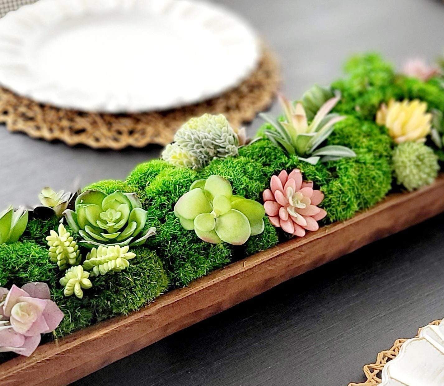 Long Dining Table Centerpiece Modern Farmhouse Style Artificial Succulent Wooden Bowl Display Rustic Dough Bowl Arrangement Faux Plant Collection No Maintenance Design Year Round Beauty Perfect Office Space Accent Conference Room Styling