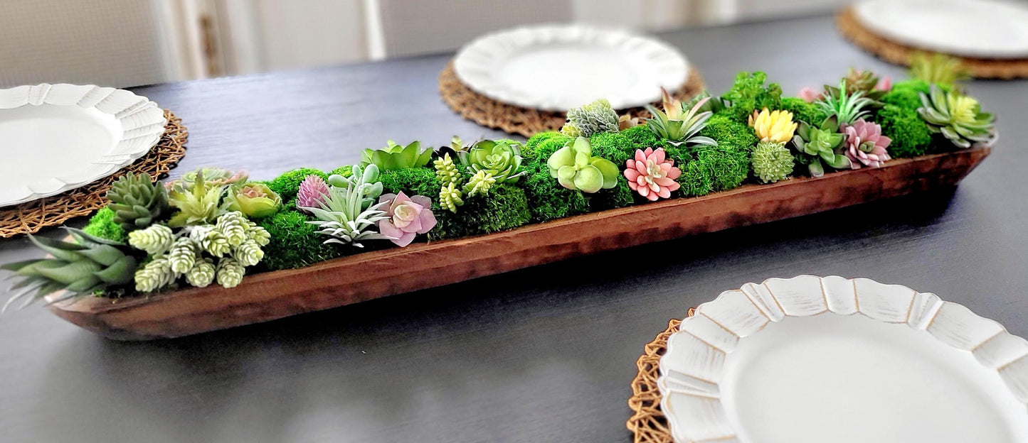Farmhouse Table Centerpiece – Artificial Succulent in Wooden Dough Bowl