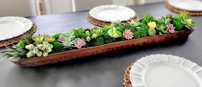 Farmhouse Table Centerpiece – Artificial Succulent in Wooden Dough Bowl