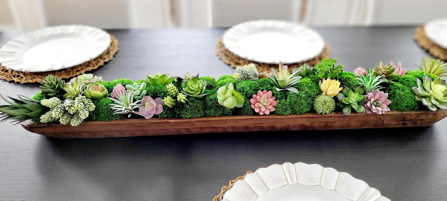 Farmhouse Table Centerpiece – Artificial Succulent in Wooden Dough Bowl