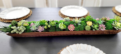Farmhouse Table Centerpiece – Artificial Succulent in Wooden Dough Bowl