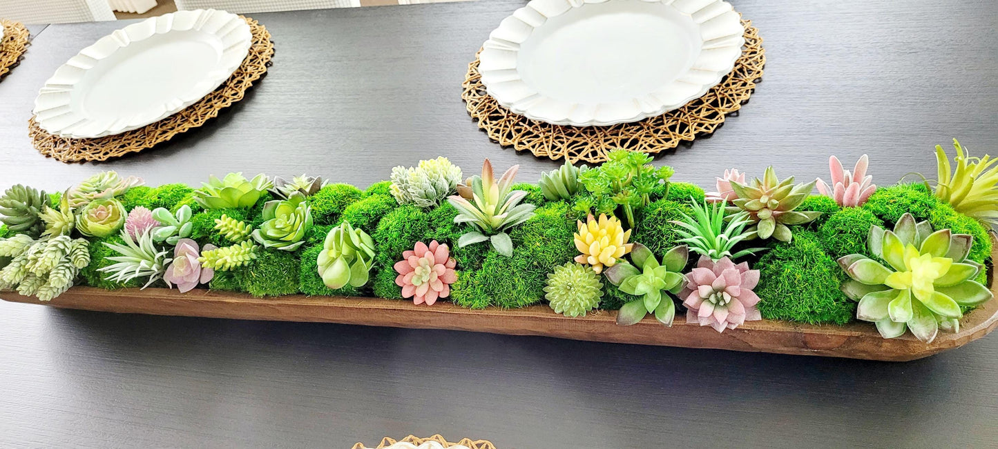 Farmhouse Table Centerpiece – Artificial Succulent in Wooden Dough Bowl