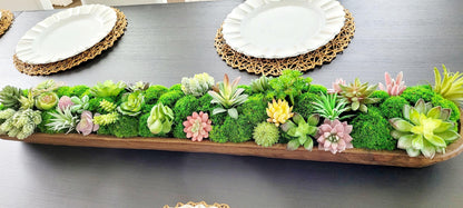 Farmhouse Table Centerpiece – Artificial Succulent in Wooden Dough Bowl